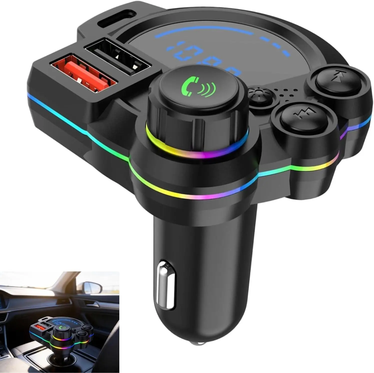 【summerfinds】PD 20W Type-C Plug Car Charger & Bluetooth 5.3 FM Transmitter - 20W Power, Wireless MP3 Player, Dual USB Ports, Bass Sound Enhancer, RGB Glowing Radio Adapter, Hands-Free Calls, Road Trip Essentials for 12V-24V Cars, Automotive Car Charger, B