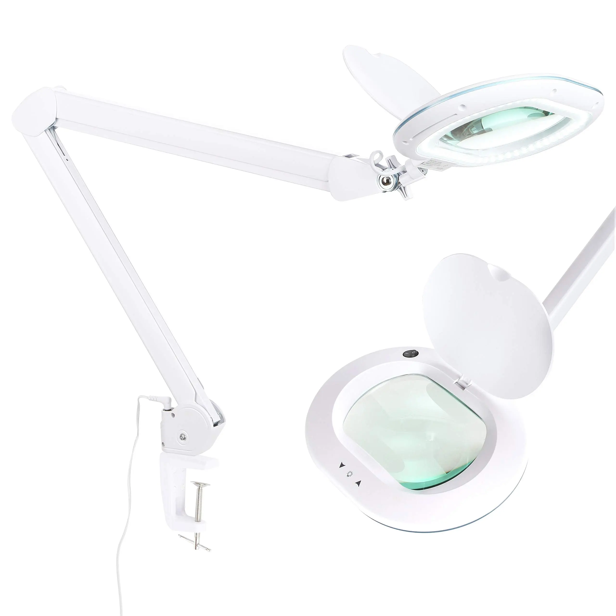 Brightech LightView Pro XL Clamp-On Magnifying Desk Lamp - Adjustable Magnifying Glass with LED Adjustable Lighting, Bright White Lamps, Dimmable Wide Glass Lens for Crafts, Reading (Bases & Shades Included), Bright White Lamps, Bases & Shades