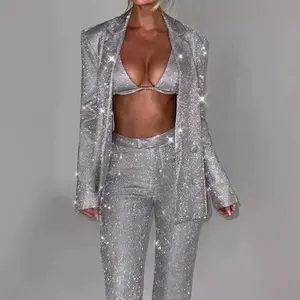 Midnight Sparkle 3-Piece Suit Women's Silver Glitter Blazer Set 3 Pieces - Shiny Sequined Outfit with Cropped Top and Pants for Parties, Concerts & Festivals