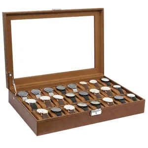 24 Slot Watch Box Organizer with Glass Lid, Brown Leather Watch Display Case,Brown Velvet Interior, Soft Velvet Lining, Lockable Storage Box for Men & Collectors
