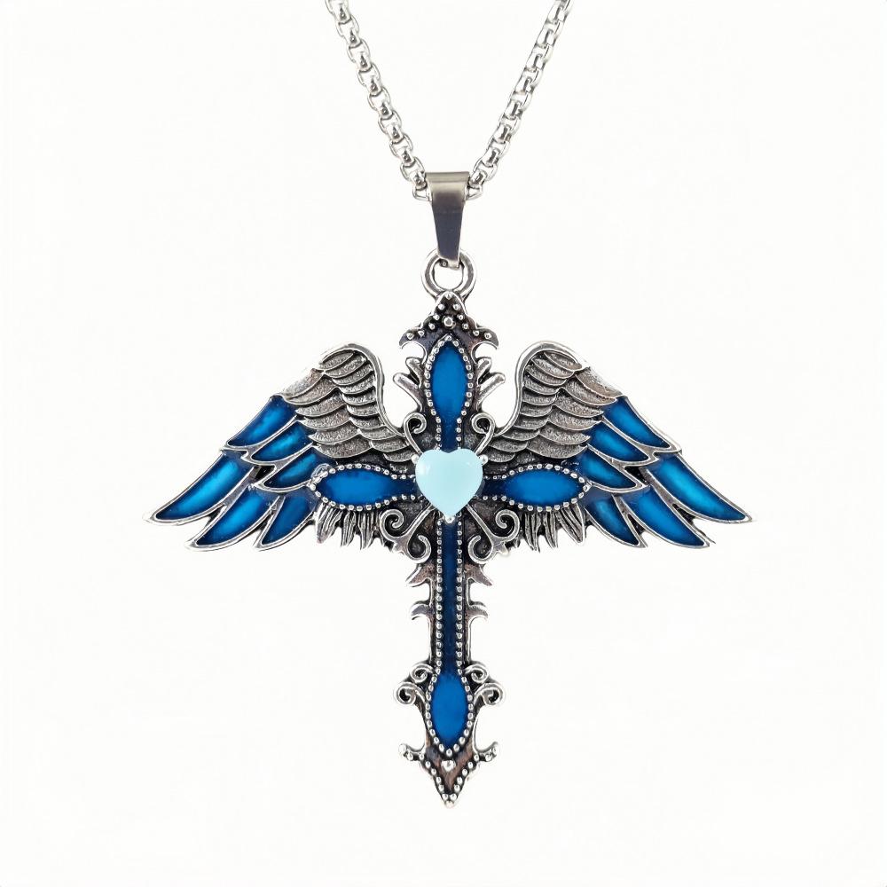 QIMENGLAI Winged Cross Luminous Pendant Necklace, Unique Versatile Eco-Plated Anti-Allergy Titanium Steel Chain, Glow-in-Dark Casual Wear Adjustable Gold Vacuum Birthstone Jewelry for Men Women