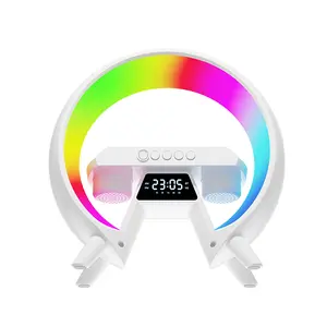 5-in-1 Wireless Charging Bluetooth Speaker Audio Device, Adjustable 256-Color Night Light, FM Clock Radio, Qi Charger Pad with Luminous Clock and Memory Function for Nightstand