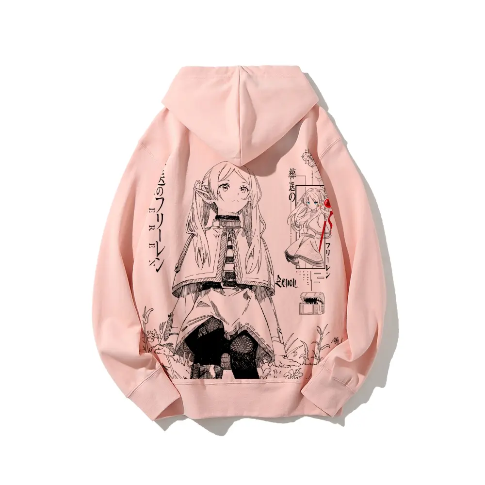 Unisex Frieren Beyond Journey's End Anime Print Pure Cotton Hooded Pullover Sweatshirt - Menswear Tops, Breathable Fabric, Long Sleeve, Eco-friendly Hot Stamping, Fashionable Casual Daily Wear for Women, Anime Gift Ideas