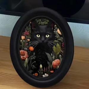 1count, [2D Flat] 1pc Gothic Style Black Cat in Grass Oval Wooden Photo Frame - 4.16x5.25 Inch, Plaque, Home Decor Accessory, Framed Floral Design for Home & Office Decor, Holiday Decoration, Cat Decor, Perfect for Room Decor