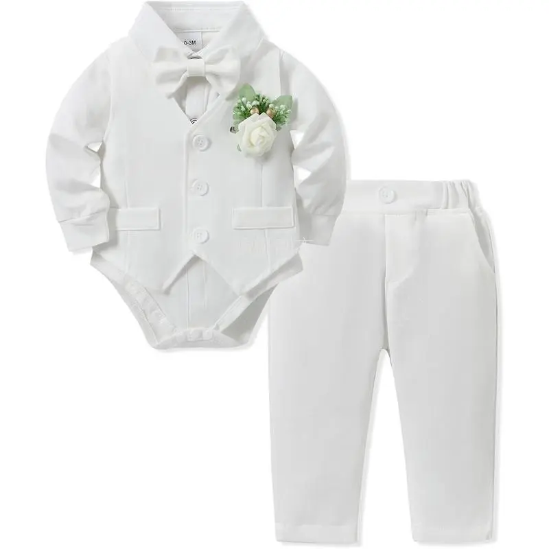 NewChildren  Baby Boy Clothing Set Baby Gentleman Suit Collared Shirt + Vest + Tie + Boutonniere + Pants 5-Piece Baby Set