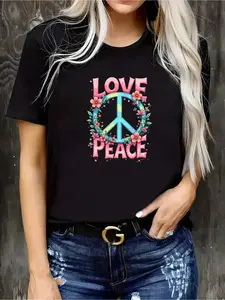Wo White Short Sleeve T-Shirt - LOVE PEACE Floral & Suitable for All-body Types Round Neck Top Machine Washable Regular Fit Blouse Tee for Casual Summer Outfits Wardrobe Essential (No /Hem Adjustments)