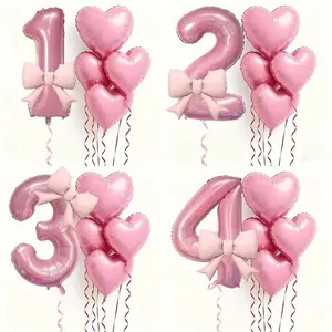 6pcs Bow Heart Balloons, 32 Inch Number Aluminum Foil Balloons, Perfect for Birthday Party, Wedding, Proposal, Anniversary Decorations