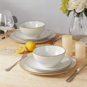 12 Pieces Dinnerware Set, Plates And Bowls Sets For 4, Including Dinner Plates, Salad Plates And Cereal Bowls, Dishwasher And Microwave Friendly