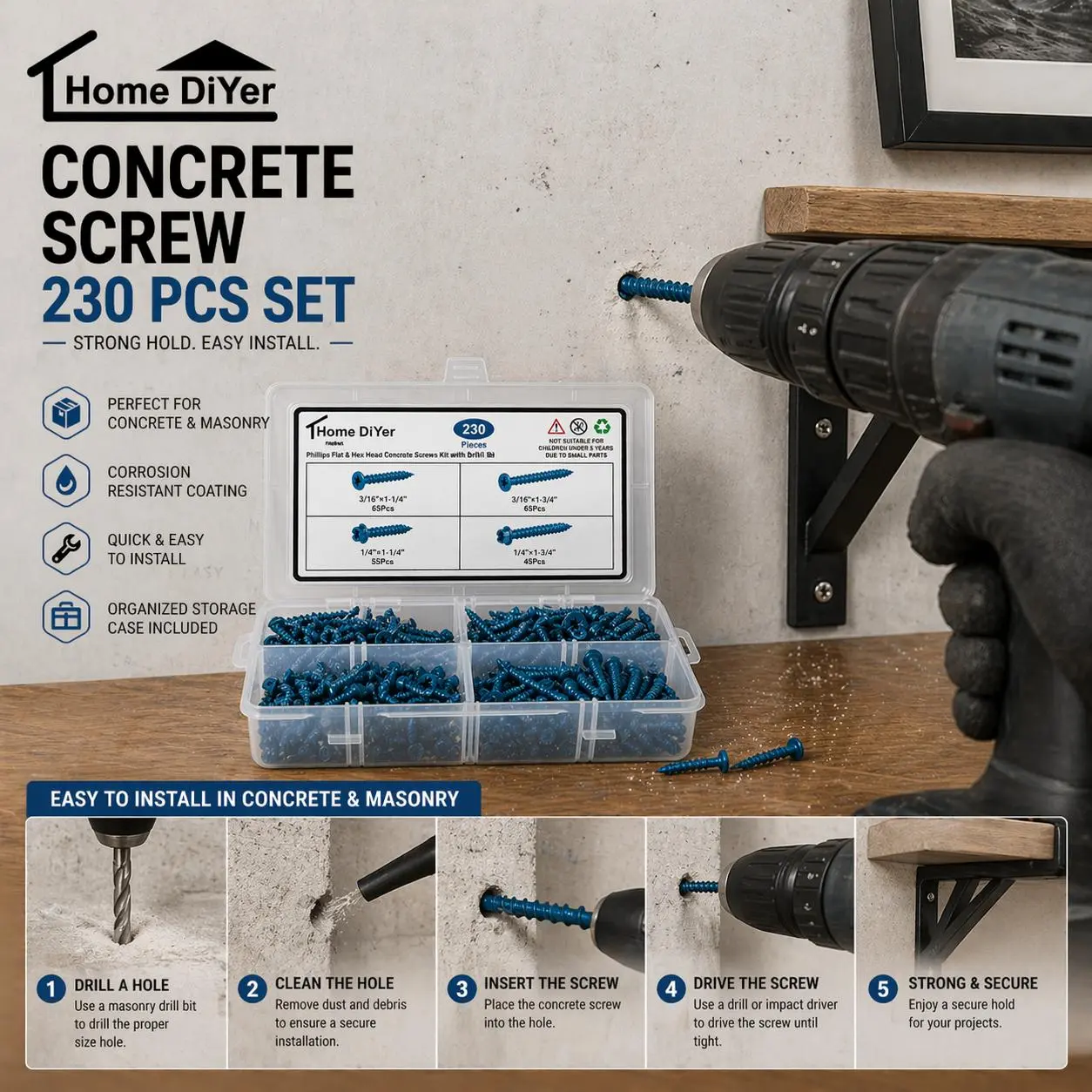 230Pcs Flathead Concrete Self-Tapping Screws Assortment, 3/16"-1-1/4"-1-3/4" & 1/4"-1-1/4"-2-3/4" Masonry Screws with Drill Bit, Blue Coated Rustproof Anchors for Brick & Concrete Installation, Flathead Concrete Screws