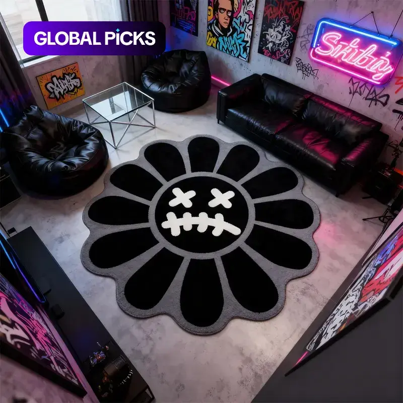 Round Floral Bedroom Rug, Fashionable Reflective Short Velvet Mat, Creative Hip-Hop Style for Young Adults, Hand Wash Only, Decorative Flower Area Rug #GLOBAL PICKS