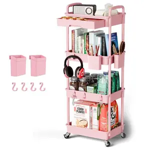 4 Tier Rolling Cart Organizer,Art Craft Diaper Bedside Snack Laundry Room Bathroom Organizer Narrow Thin Slim Rolling Trolley Utility Cart with Wheels for Kitchen,Office(Pink)