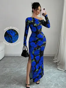 Women's High Slit Floral Printed Long Sleeve Wrap Waist Long Dress Set, Elegant Chic Asymmetrical Neckline, All Seasons Fashion, Autumn Women's Fabric