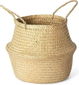 Woven Seagrass Plant Basket, Indoor Wicker Belly Basket Planter with Handle, Natural Flower Pot, Suitable for Fiddle Leaf Ficus, Tiger Tail, Olive Tree, Bird of Paradise (Medium, Natural)