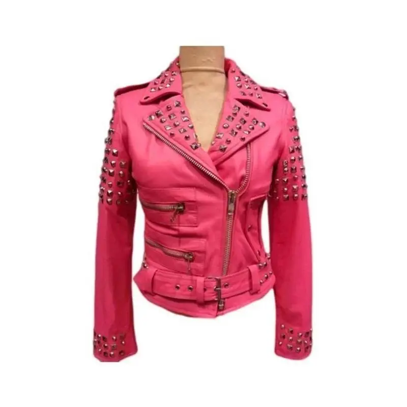 Women’s Golden Studded Pink Biker Leather Jacket