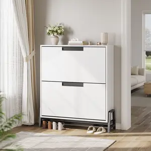 Space-Saving Shoe Storage Cabinet with 2 Flip Drawers, Freestanding Narrow Shoe Rack with Metal Legs for Entryway, Hallway, Small Living Room
