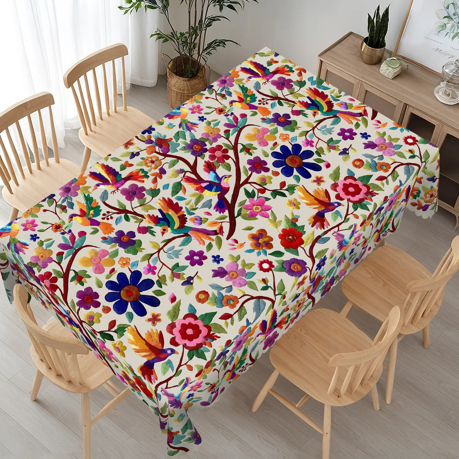BLIOWL Mexico Style Otomi Bird Print Rectangle Tablecloth - 55in, 60x86in Waterproof Stain-Resist Polyester Cover, Wrinkle Resistant, Durable, Decorative for Kitchen, Patio, Party Decor