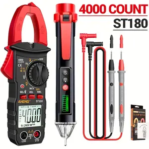 TKDMR ST180 clamp multimeter, with 4000 counts in stock, comes with a complimentary advanced measuring pen for intelligent measurement; Non contact voltage test, measuring AC/DC voltage, resistance, continuity - red