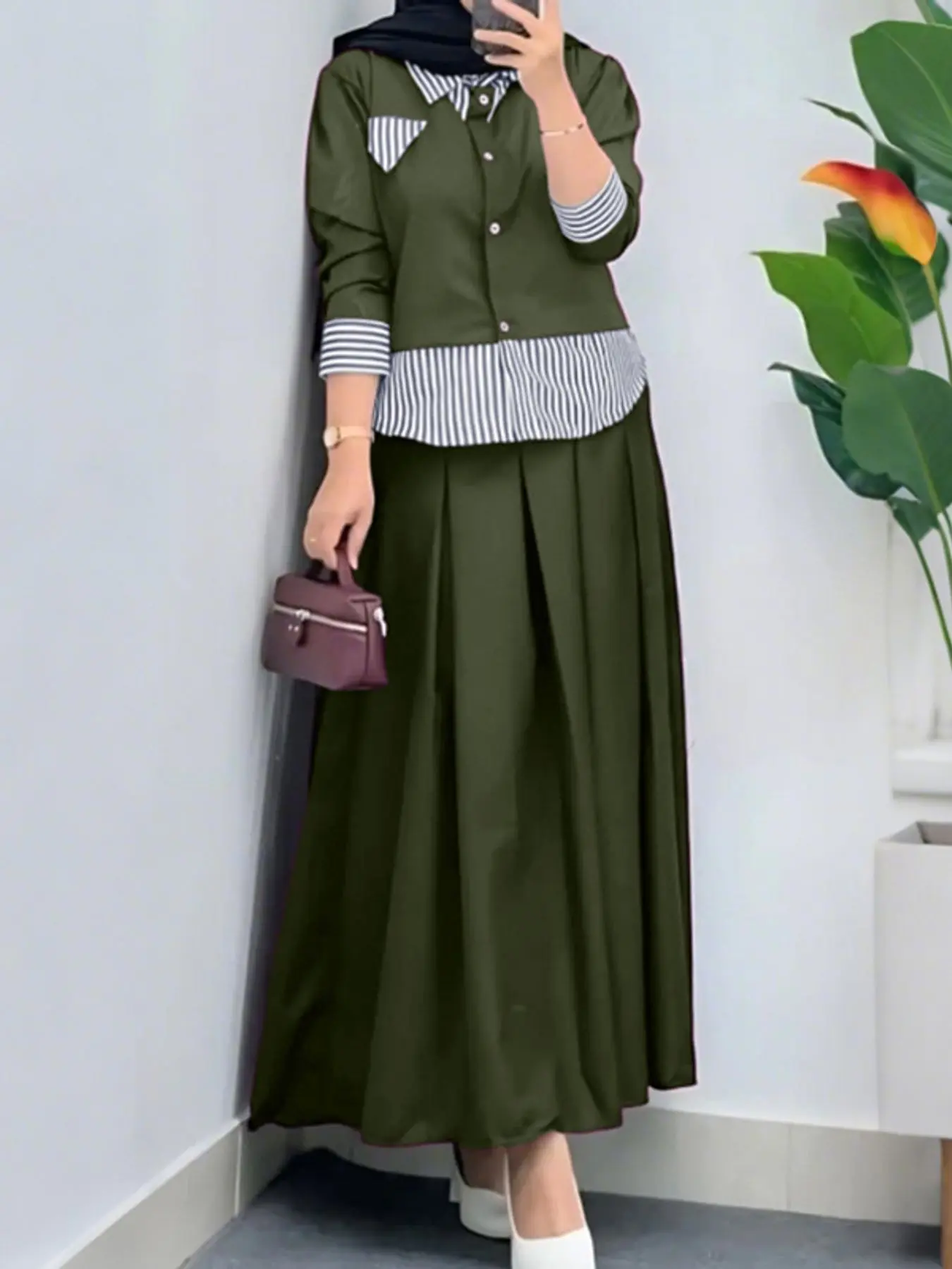 Women's Casual Colorblock Fashion Set, Long Sleeve Striped Patchwork Open Front Shirt + High Waist Skirt, Perfect for Daily Two Piece Set Outfit Sets Women Matching Set Fashion Style Sets