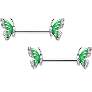 14 Gauge 9/16 Clear CZ Gem Butterfly Green Barbell Nipple Ring Set
