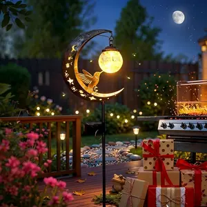 Solar Ground Stake Light, Lawn Decoration Lamp, Yard Lighting, Hollow Iron Bird Moon Design, Includes Broken Glass Ball, Outdoor Garden Pathway Decor, Solar Garden Lights, Garden Decorative Lighting