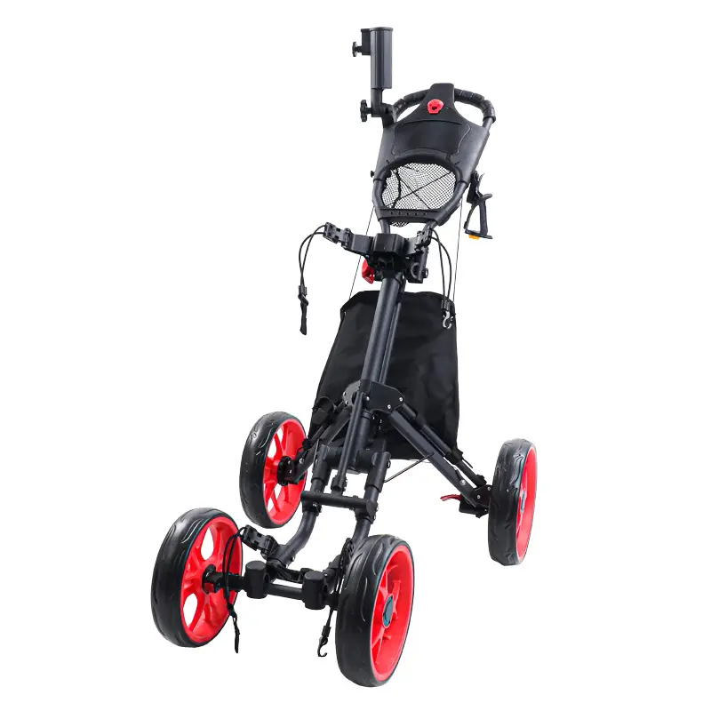 Golf 4-Wheel Push Cart Golf Caddie with 1-Click Folding Function, Built-In Scorecard Holder, Detachable Storage Bag