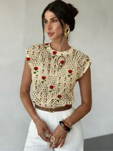 Floral Print Round Neck Chic Aesthetic Fitted Short Sweater, Casual Sleeveless Knitwear for Spring Summer Fall, Comfortable Warm Women's Clothing