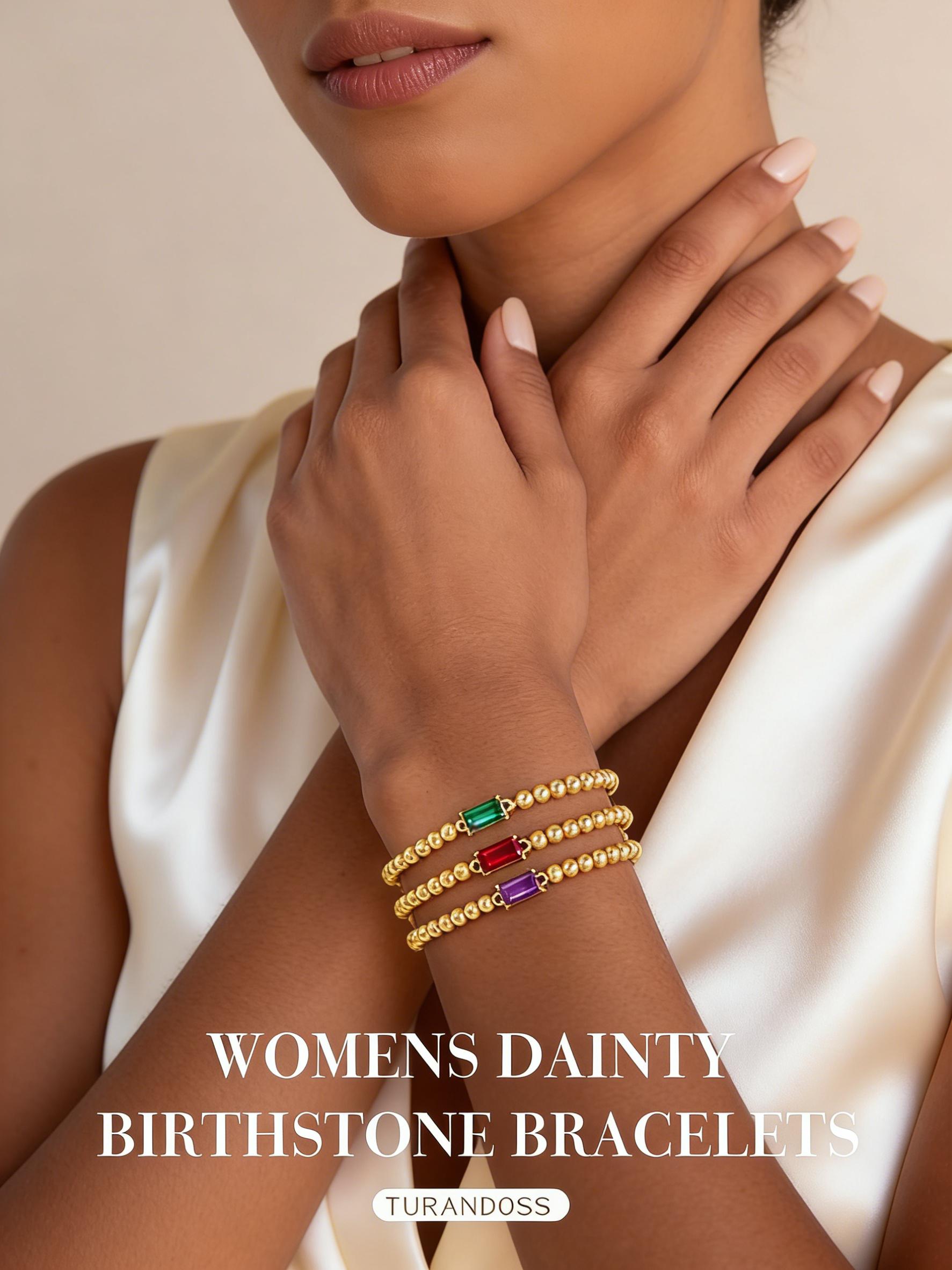 Turandoss Birthstone Beaded Bracelet for Women - 14K Gold Plated Bead Elastic Bangle Bracelets Trendy Friendship Birthday Jewelry Gifts for Women