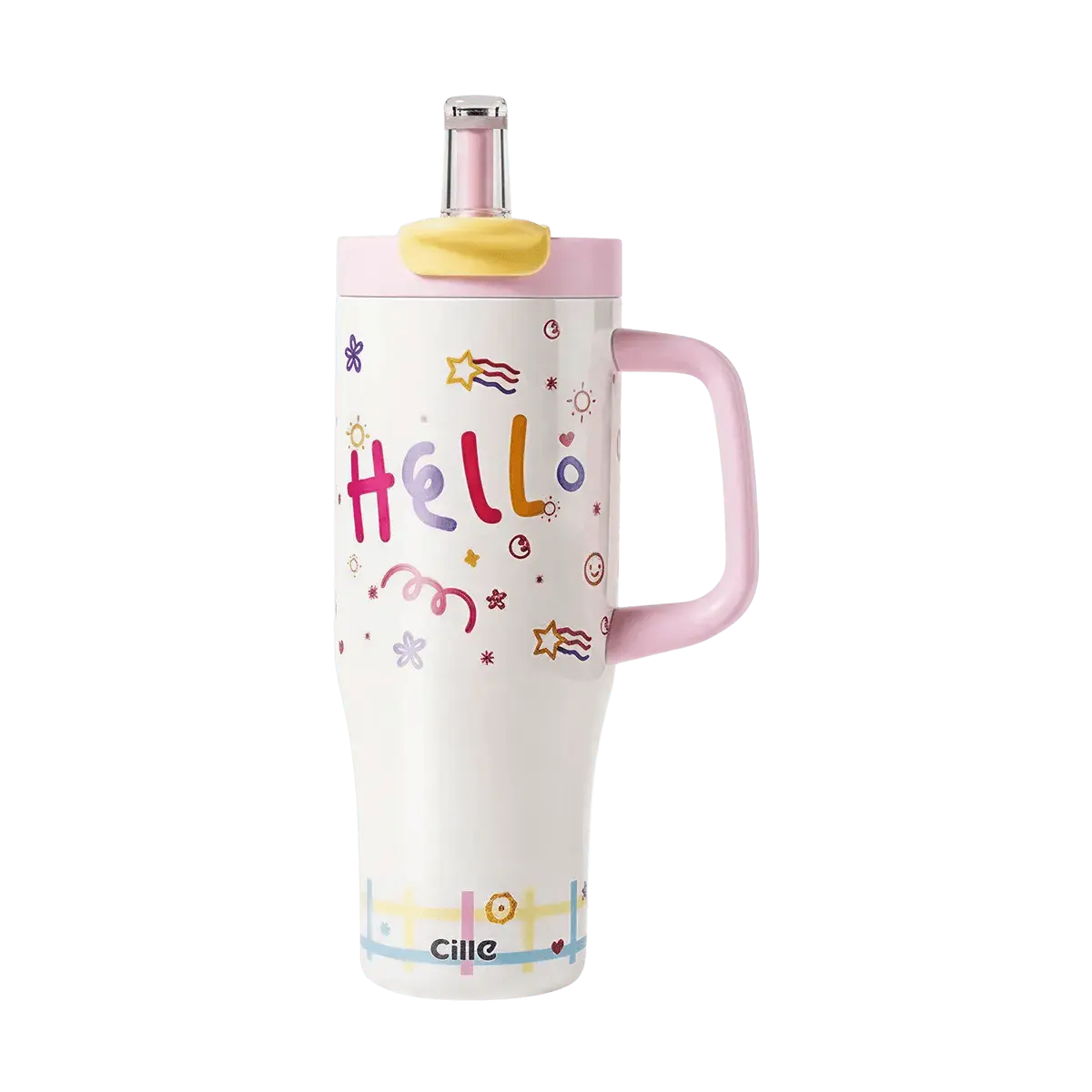 Cille 900ml Tumbler with Straw, Insulated Big Gulp Cup for Parties, Sweet Pink Iced Coffee Mug with Ceramic Liner, Dual Use Direct Sip or Straw