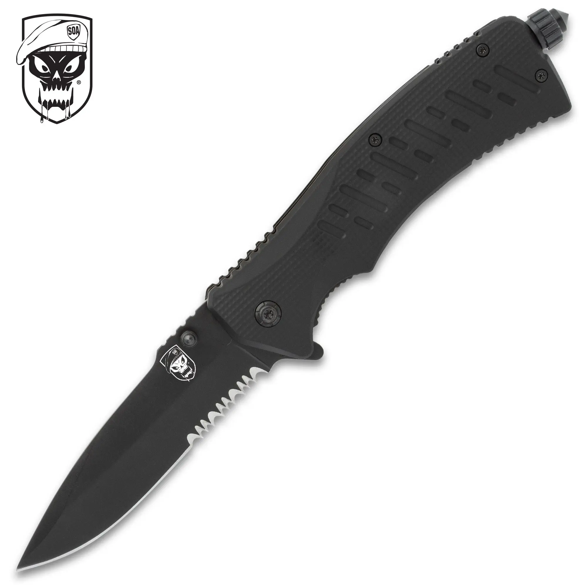 SOA FireStrike Pocket Knife, Durable Handle, 5 3/8” Closed, Acrylonitrile Butadiene Styrene (ABS) Construction, Firestarter Included, Partial Serrated Blade