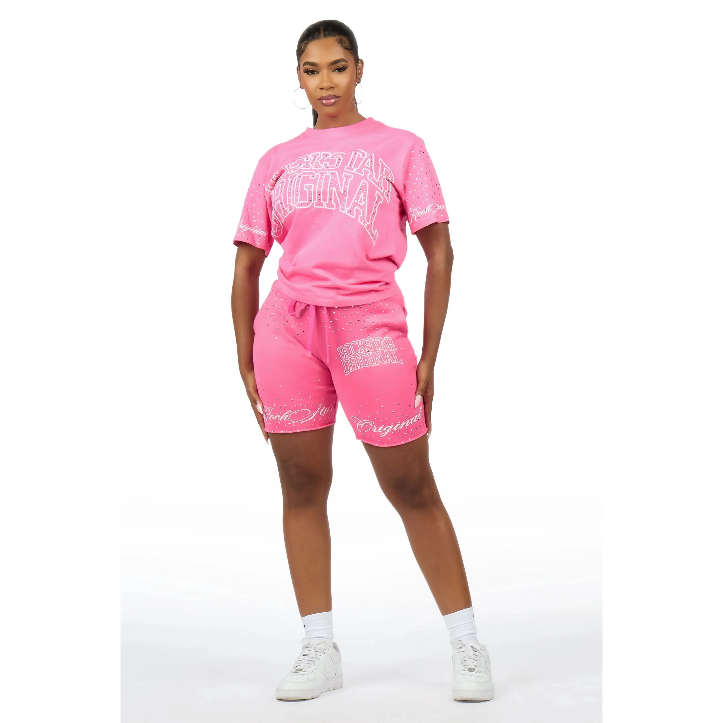 Lakisha Pink Rhinestone T-Shirt Short Set