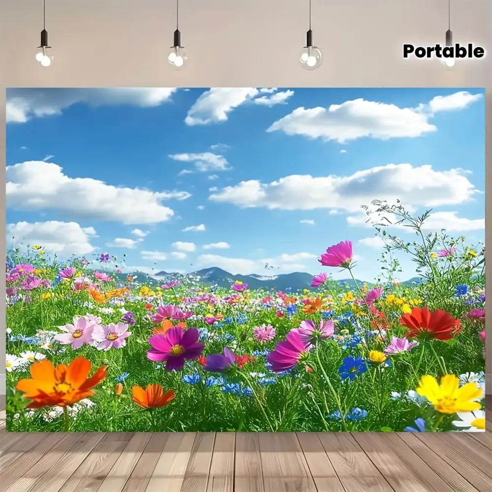 Polyester Multicolor Spring Floral Photography Backdrop - Reusable Banner for Easter, Weddings, Celebrate New Year, Lightweight Portable Home & Festive Decor with Vibrant Flowers & Sky, Banners