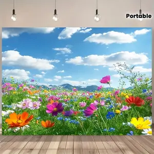 Spring Floral Backdrop Suitable for Photography - Happy Spring Polyester Background Cloth with Vibrant Flowers & Sky, Lightweight Portable Decor for Easter, Christmas, Birthdays, Weddings, Parties