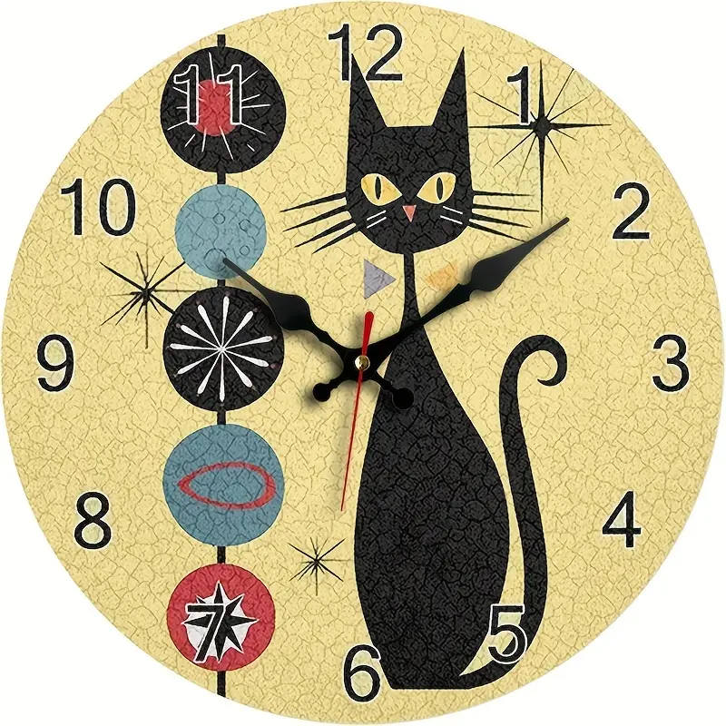 1pc, Modern Cool Cat Wall Clock in a Medieval Style, Silent Quartz Round Wooden Clock, Suitable for Decorating Bedrooms, Living Rooms, Offices, Kitchens, And Bathrooms, Battery-Operated (Batteries Not Included)