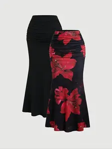 Women's Elegant Formal Party Fitted Mermaid Skirt Set, Solid Color & Floral Print, Two-Piece, Perfect for Parties and Special Occasions