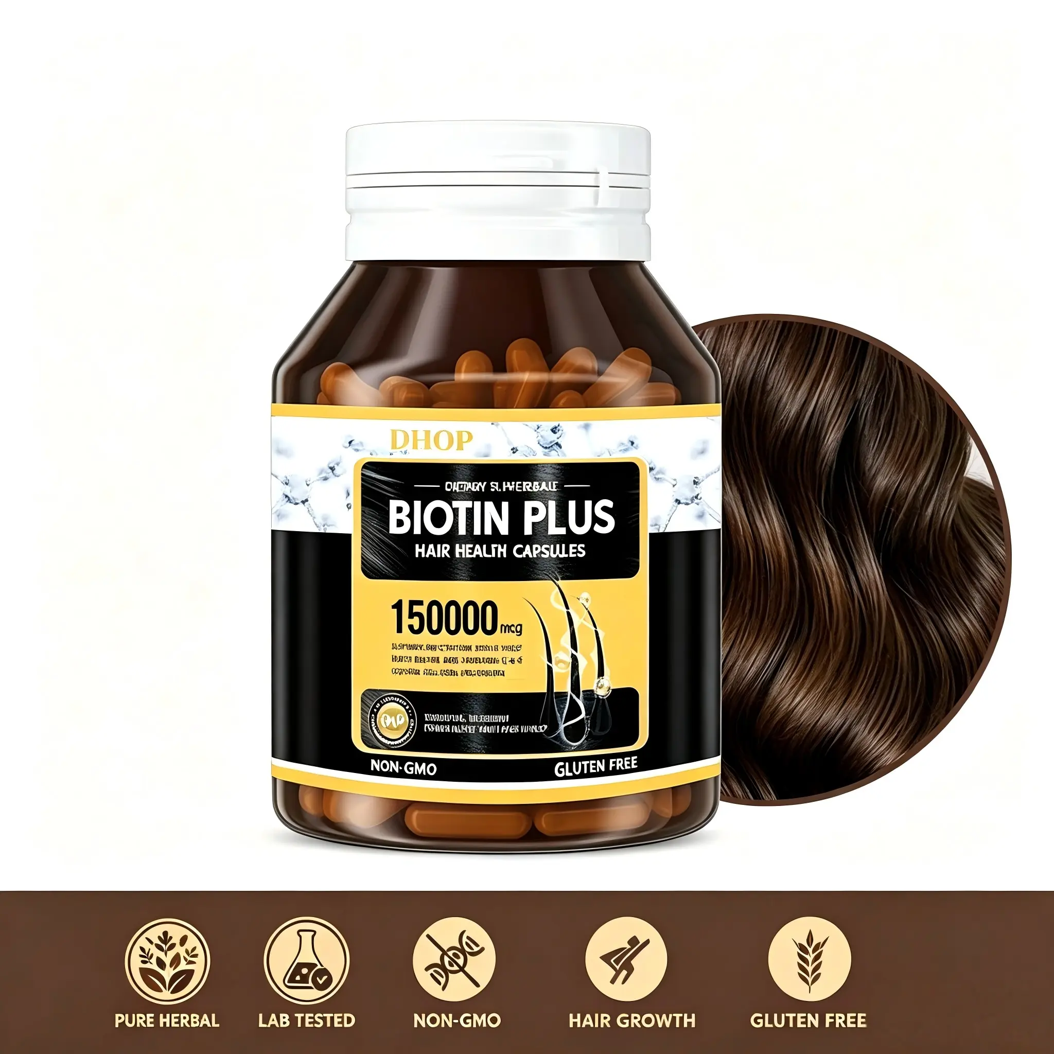 DHOP Biotin Hair Growth Supplement with Inositol Folic Acid and Keratin Promotes Healthy Hair Regrowth Prevents Breakage Supports Nail Skin Health Beauty Dietary Collagen Vitamin Supplement 60 Capsules
