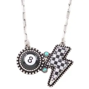 Checkered Western Eight Ball Bolt Necklace 18 Inches Long with 1.75 x 1.45 Inch Pendant Lobster Claw Closure for Western Style Accessories