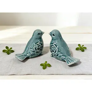 Pair of Ceramic Bird Figurines, Small Bird Statues  Coffee Pet  Office Decor for Windows Shelves Entryway TV Stand (Blue)