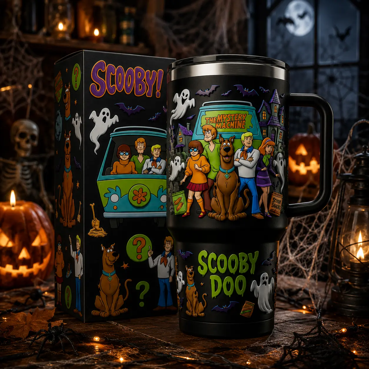 Scooby-Doo Halloween 40oz Insulated Tumbler with Handle, Stainless Steel Travel Mug, Ghost Theme Vacuum Coffee Cup, Cartoon Fan Collector Gift