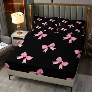 Colorblock Sweet Cool Bow Print Fitted Sheet Set, Includes 2 Pillowcases, Non-Slip Mattress Protector, Deep Pocket Non-Slip Mattress Protector, Durable & Comfortable, Girly Bedroom Decor, Perfect Gift for Besties, Bed Sheet Set with Bow Print