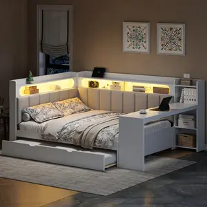 Full Size Corner Bed Frame, Full Size Daybed with Storage Shelves & Storage Drawers, Wood Corner Bed with Charging Station & LED Light, Desk & Upholstered Headboard and Backrest, White
