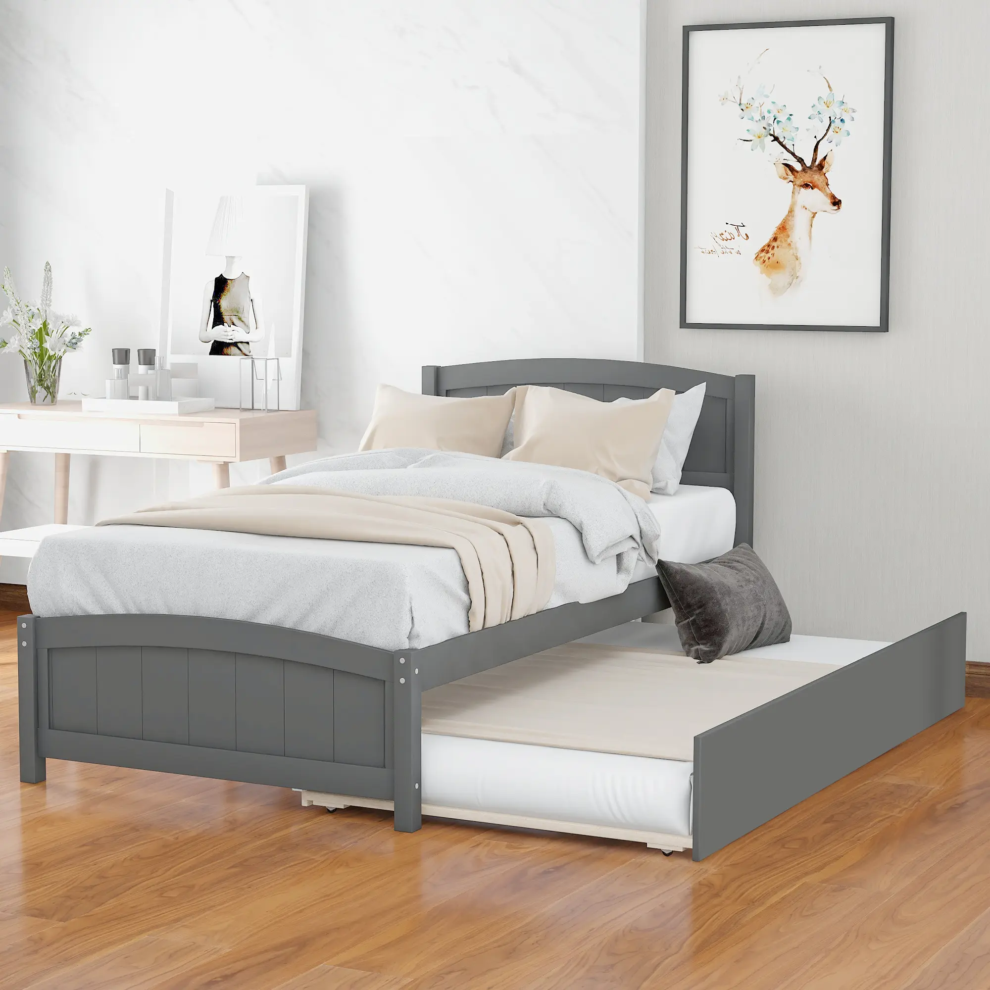 Minimalist Twin Size Solid Pine Platform Bed with Trundle, Space-Saving Platform Bed Design for Bedroom (Extra Space, No Box Spring Needed)