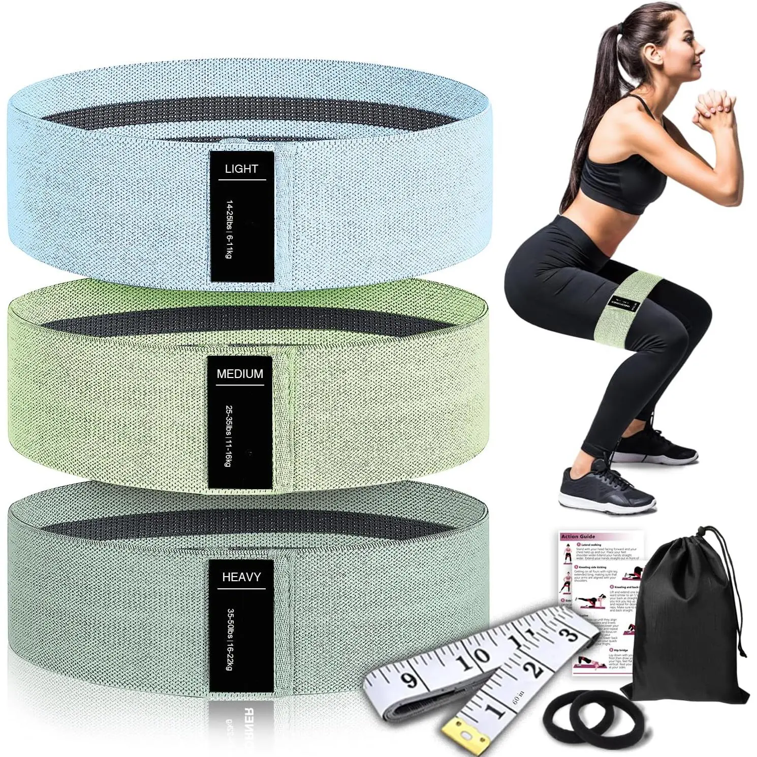 Wide Fabric Resistance Bands for Working Out, 3 Level Non-Slip Exercise Booty Bands for Women & Men Leg and Glutes with Hair Ties and Tape Measure - for Home Gym Workout, Yoga, Pilates