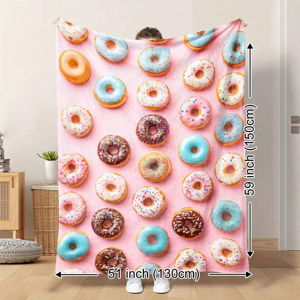 1pc Anti-Pilling Polyester Fleece Donut Digital Print Quilted Throw - 200-250gsm 1-Piece Machine Wash Home Decor Tapestry, Soft Warm All-Season for Napping & Travel, Gift for Friends/Family, Multi-Size