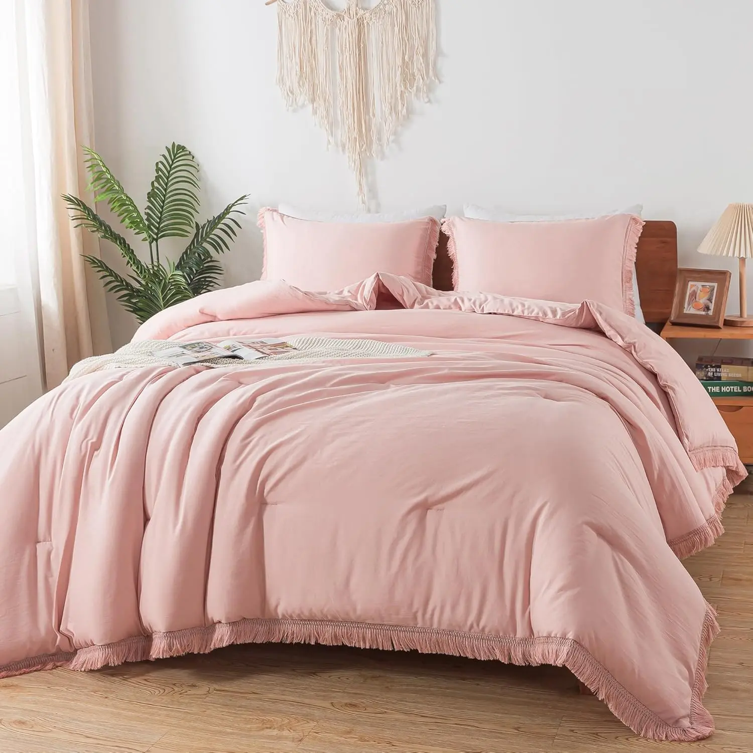 Pink Comforter Queen Size for, Blush Boho Women Tassel Lightweight Comforter Sets, 3 Fluffy Fringe (90x90In Comforter  2 Pillowcases)