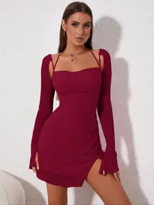 Women's Long Sleeve Cowl Neck Tie Back Halter Split Bodycon Mini Dress, Back To School Outfits for Christmas, Valentine's Day Contrast Mesh Flounce Sleeve Tight Short Dresses for Summer, Dresses for Party, Casual Wear, Holiday Bodycon Dress, Gift