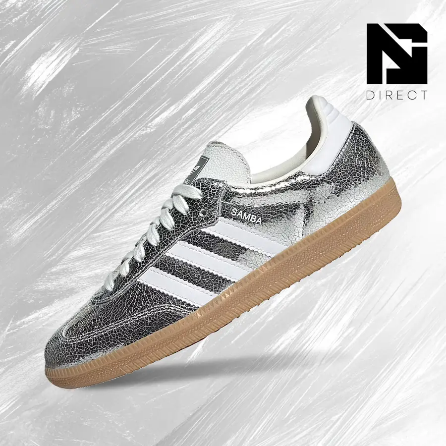 Adidas Samba OG Silver Metallic Cracked Leather (Women's)-Women's Lifestyle Sneakers – Shoes For Woman-Vintage-Spring & Summer-Inspired Running Shoes, Shock-Absorbing Comfort, Gym To Streetwear Casual Wear-back to school–JR0035