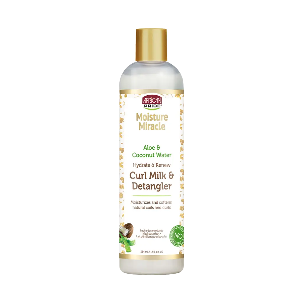 AFRICAN PRIDE MOISTURE MIRACLE ALOE & COCONUT WATER CURL MILK & DETANGLER, 12FL OZ