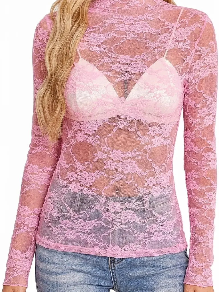Women's Aesthetic See Through Fashion Mock Neck Lace Mesh Longsleeve Blouse, Floral Pattern Gothic Chic Elegant Top for Layering & Stylish Outfits, Sheer