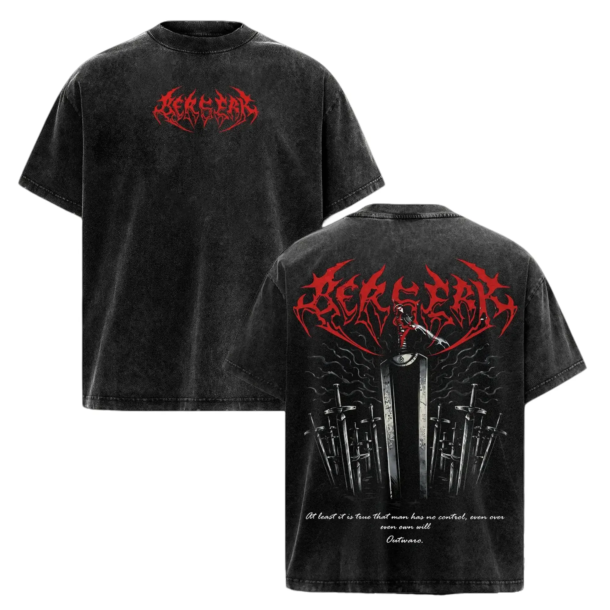 Men's Berserk Inspired Vintage Washed Guts Gym Pump Cover Shortleeve Ribbed Classic Tshirt, Dark Fantasy Sword Anime Graphic Oversized Stylish Unisex Soft Cotton Casual Top, Gift for Anime Fans, Shortsleeve, Round Neck