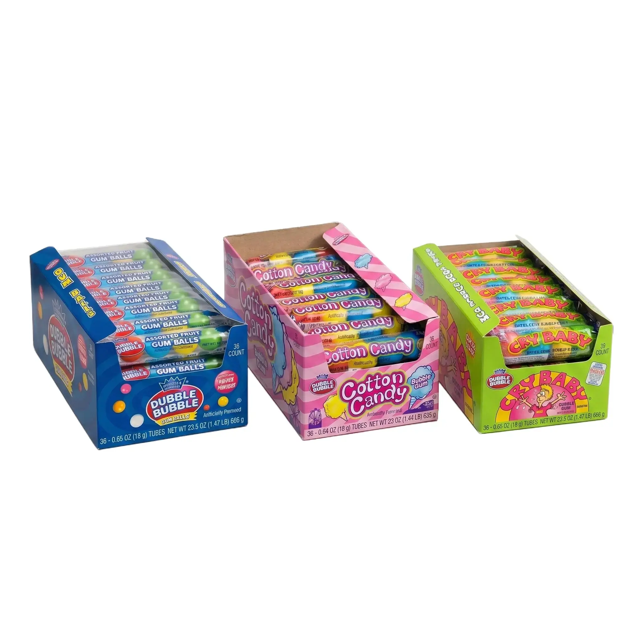 Dubble Bubble Gum Display Box - 36 Count Ambient Candies - Assorted Fruit, Cotton Candy, Cry Baby Extra Sour Flavors - 12-Month Shelf Life - Perfect for Parties, Snack Lovers